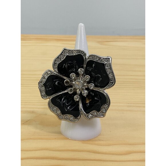 Silver Tone Rhinestone Black Enamel Stretch Ring - Picture 1 of 3